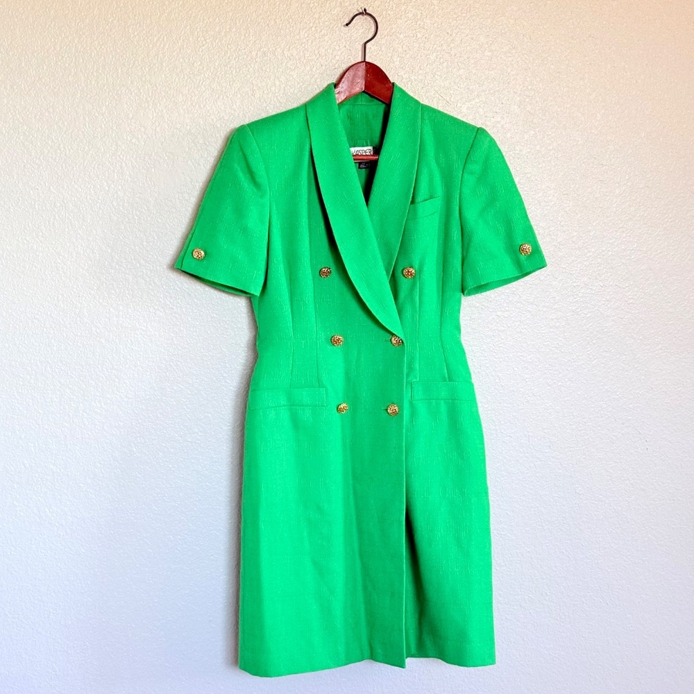 VTG 80s Kelly Green Double Breasted Blazer Power Dress Corporate Chic Kasper 4P - Picture 6 of 16